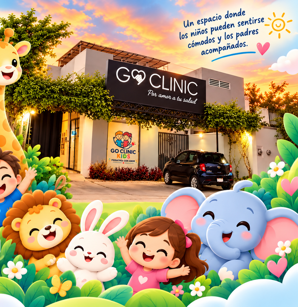 Fachada de Go Clinic Kids acompañada de ilustraciones infantiles